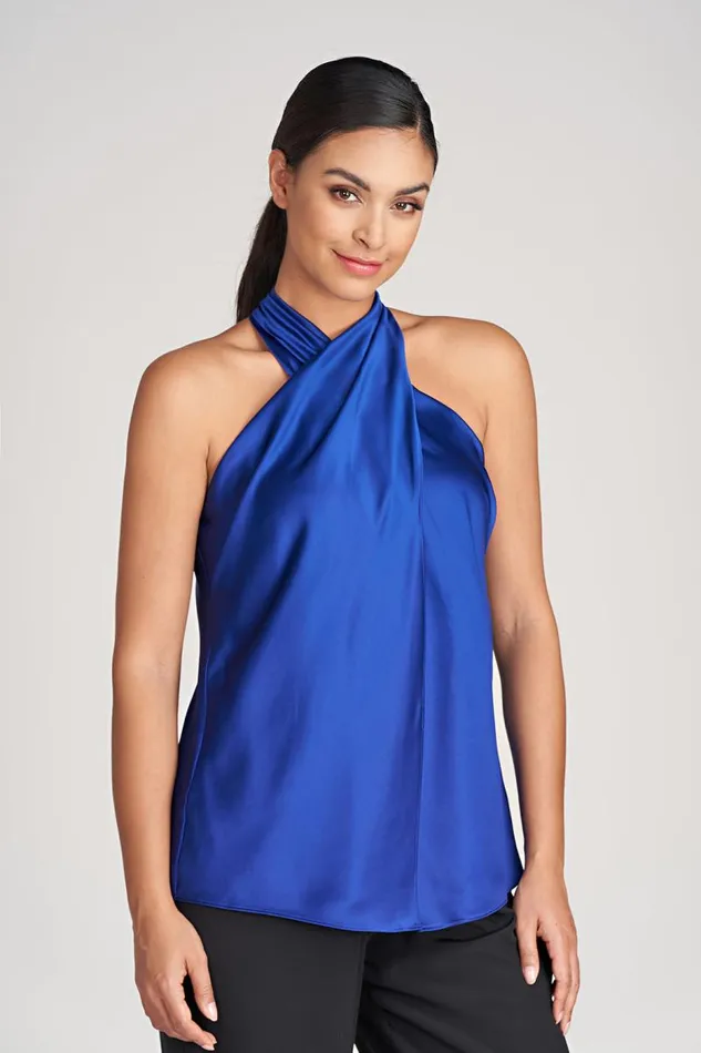 Samira Top In Charmeuse Lapis Women Halston Tops