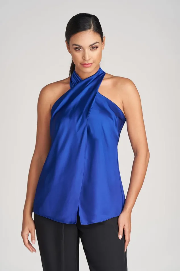 Samira Top In Charmeuse Lapis Women Halston Tops Samira Top In Charmeuse Lapis Women Halston Tops