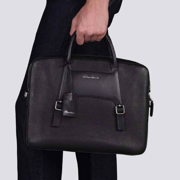 Santoni Bags and Backpacks Men Black Embossed Leather Briefcase