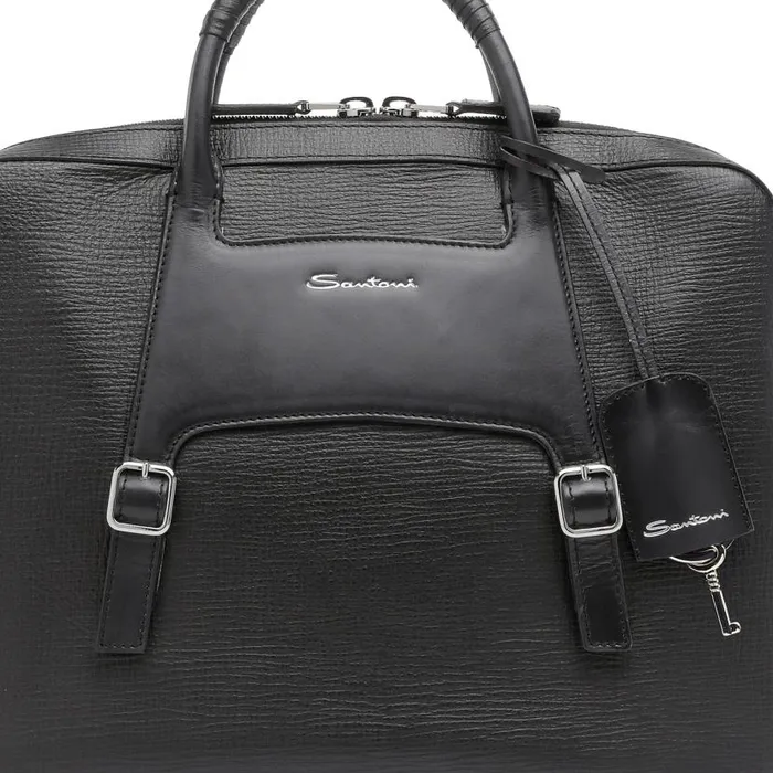 Santoni Bags and Backpacks Men Black Embossed Leather Briefcase