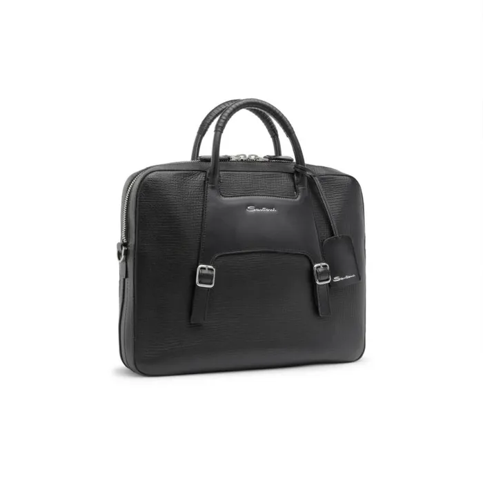Santoni Bags and Backpacks Men Black Embossed Leather Briefcase