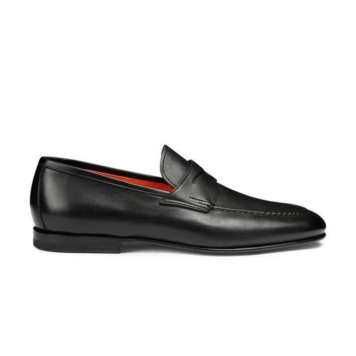 Santoni Loafers Men Polished Black Leather Penny Loafer