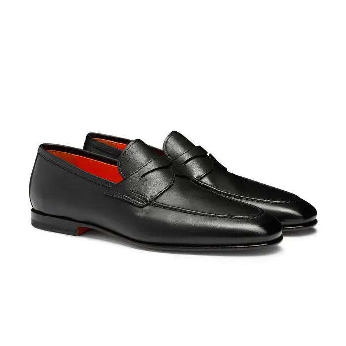 Santoni Loafers Men Polished Black Leather Penny Loafer