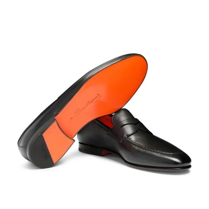 Santoni Loafers Men Polished Black Leather Penny Loafer