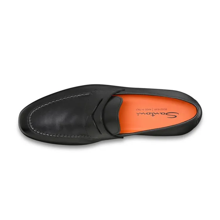 Santoni Loafers Men Polished Black Leather Penny Loafer