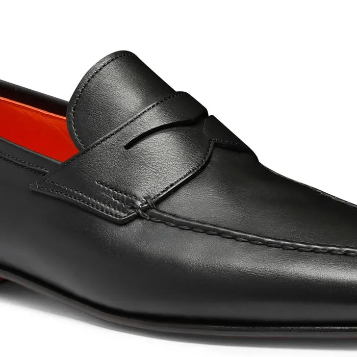 Santoni Loafers Men Polished Black Leather Penny Loafer