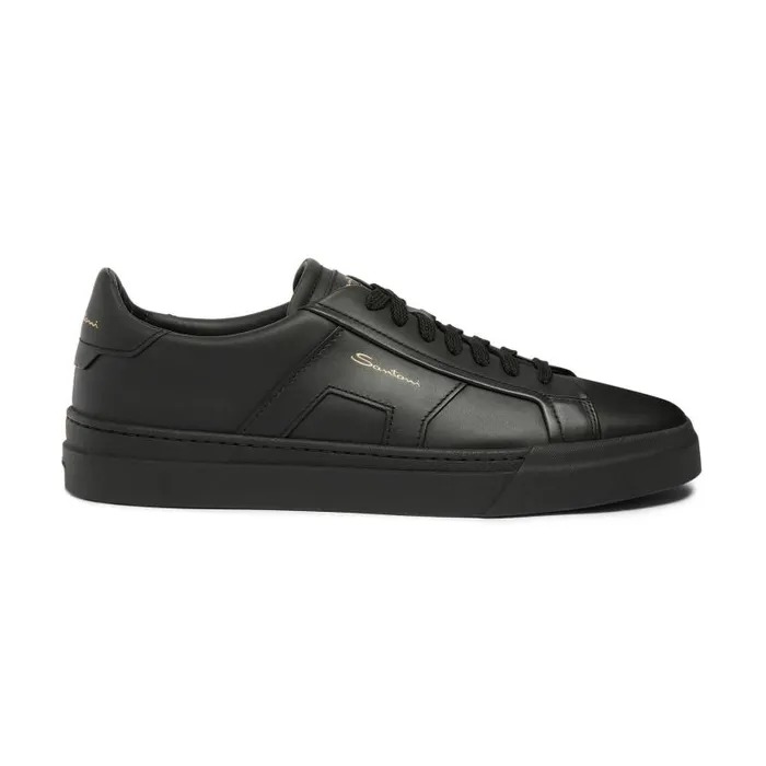Santoni Sneakers Men Black Leather Double Buckle Sneaker