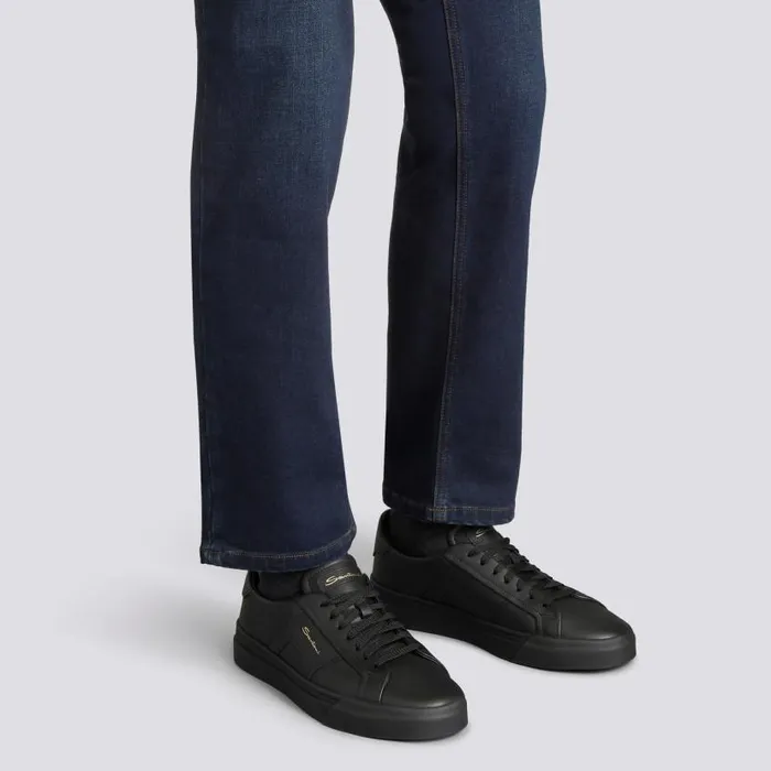 Santoni Sneakers Men Black Leather Double Buckle Sneaker