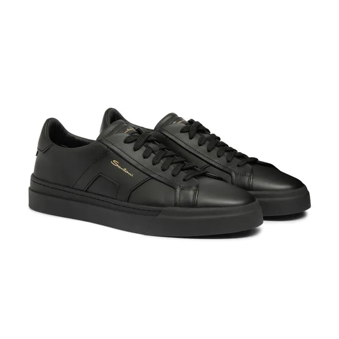 Santoni Sneakers Men Black Leather Double Buckle Sneaker