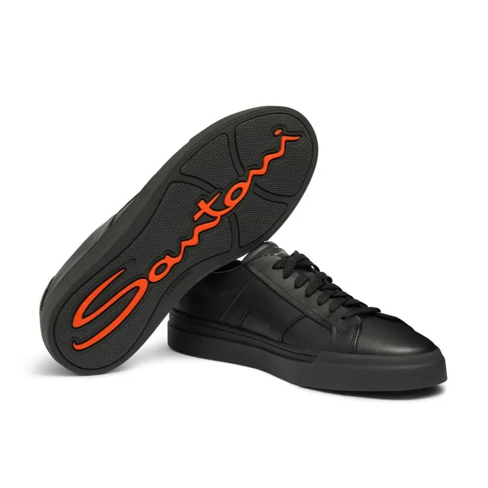 Santoni Sneakers Men Black Leather Double Buckle Sneaker