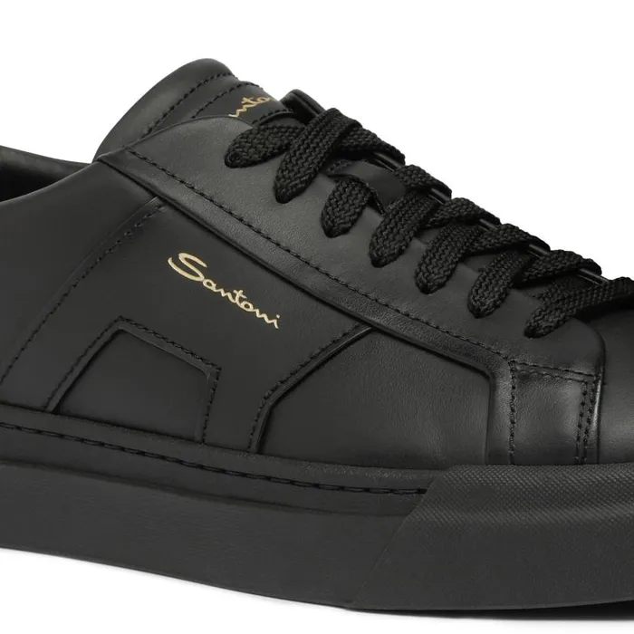 Santoni Sneakers Men Black Leather Double Buckle Sneaker