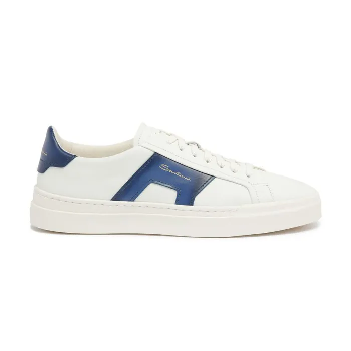 Santoni Sneakers Men White And Blue Leather Double Buckle Sneaker