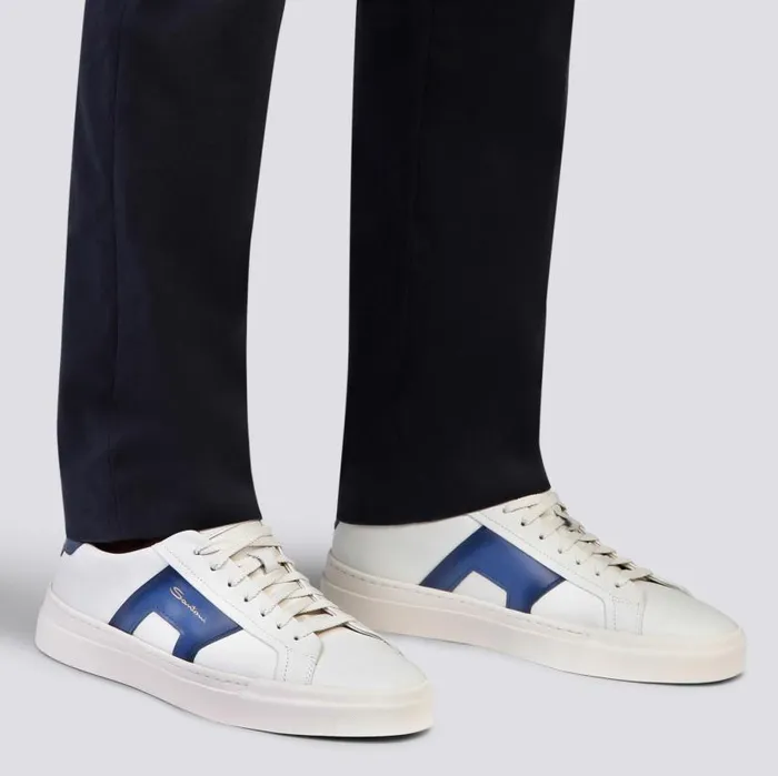 Santoni Sneakers Men White And Blue Leather Double Buckle Sneaker