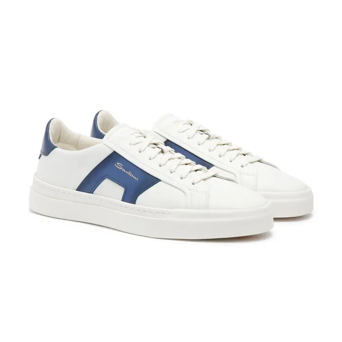 Santoni Sneakers Men White And Blue Leather Double Buckle Sneaker