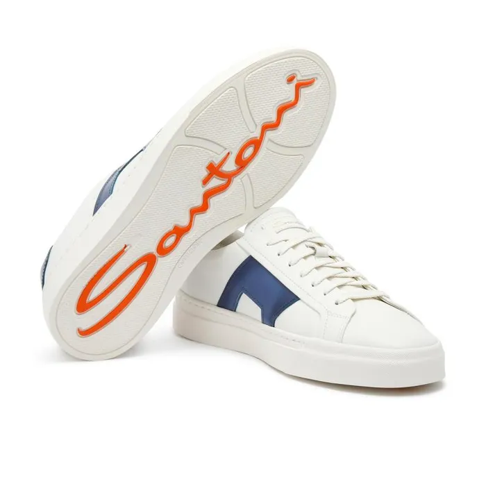 Santoni Sneakers Men White And Blue Leather Double Buckle Sneaker