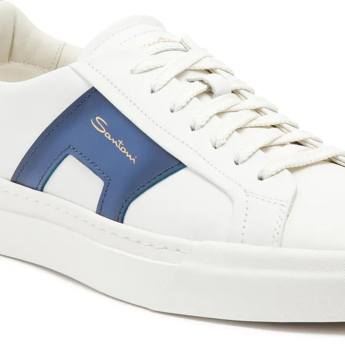 Santoni Sneakers Men White And Blue Leather Double Buckle Sneaker