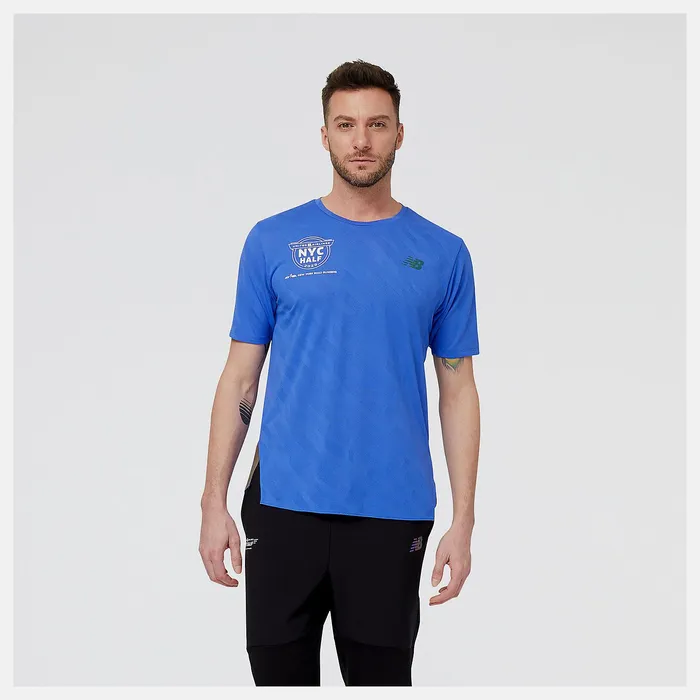 Shirts Men Newbalance United Airlines NYC Half Q Speed Jacquard Short Sleeve Marine Blue