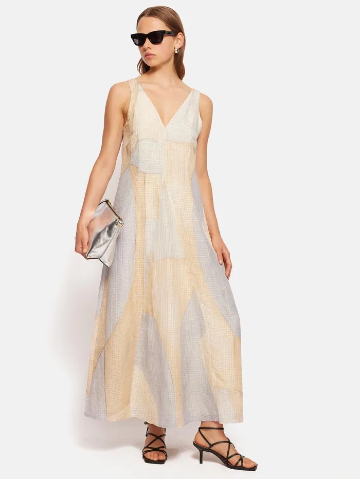 Shop Abstract Silk Linen Gauze Dress Blue Jigsaw Dresses and Jumpsuits