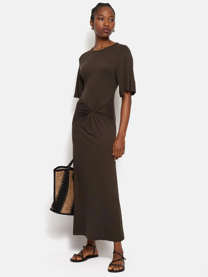 Shop Twist Front Dress Brown Jigsaw Dresses and Jumpsuits