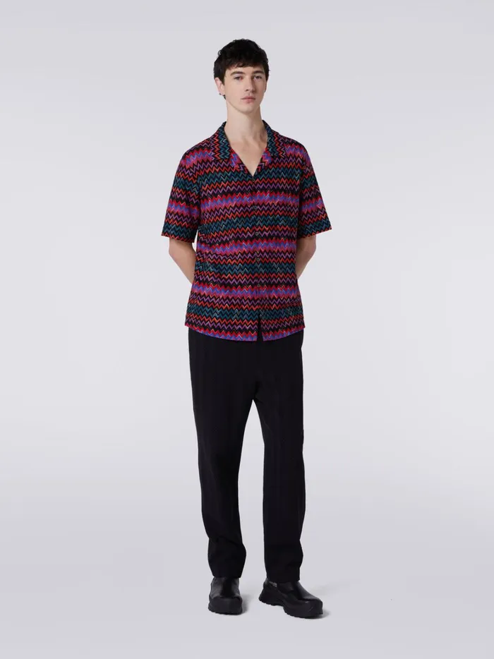 ShortSleeved Bowling Shirt In Zigzag Cotton And Viscose Black Men Missoni Shirts ShortSleeved Bowling Shirt In Zigzag Cotton And Viscose Black Men Missoni Shirts