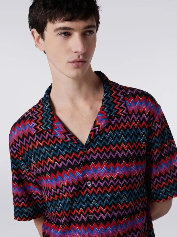 ShortSleeved Bowling Shirt In Zigzag Cotton And Viscose Black Men Missoni Shirts ShortSleeved Bowling Shirt In Zigzag Cotton And Viscose Black Men Missoni Shirts