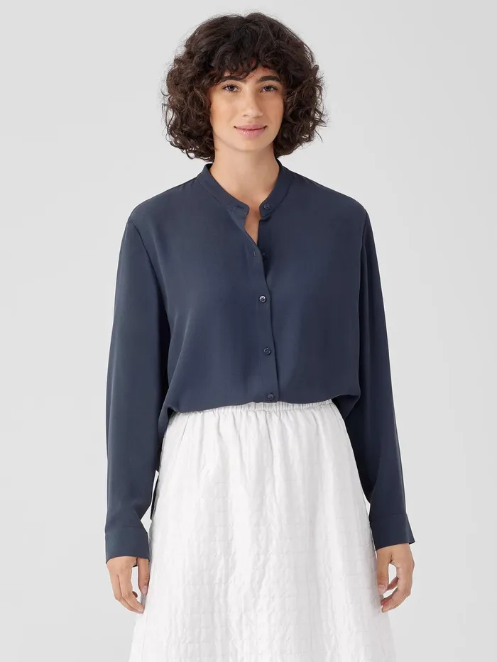 Silk Georgette Crepe Band Collar Shirt Ocean Women Eileen Fisher Tops and Tees