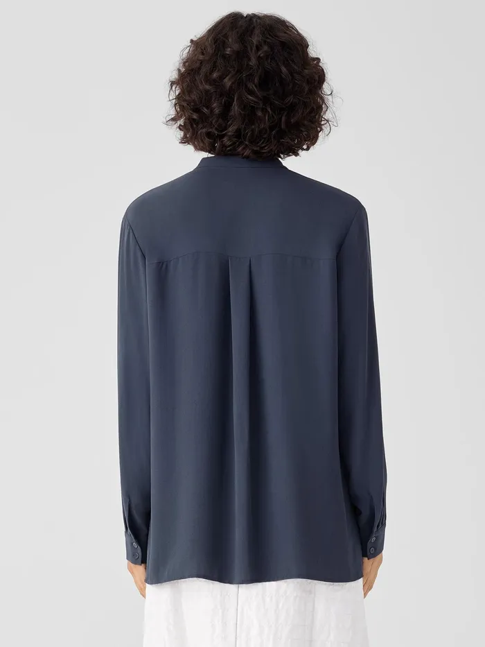 Silk Georgette Crepe Band Collar Shirt Ocean Women Eileen Fisher Tops and Tees
