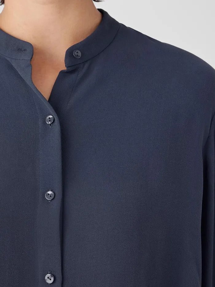 Silk Georgette Crepe Band Collar Shirt Ocean Women Eileen Fisher Tops and Tees