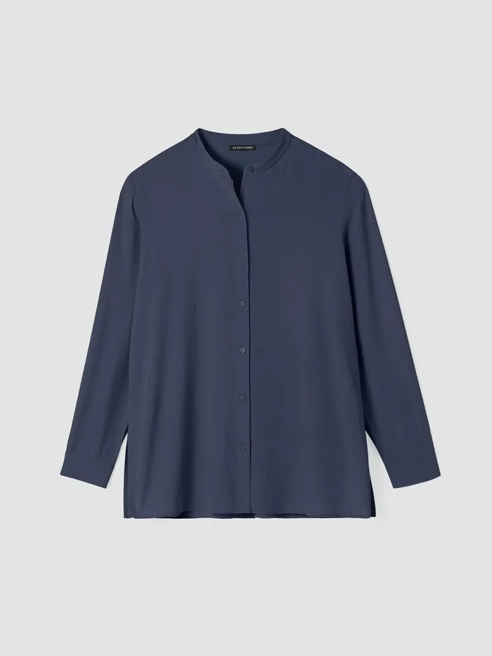 Silk Georgette Crepe Band Collar Shirt Ocean Women Eileen Fisher Tops and Tees