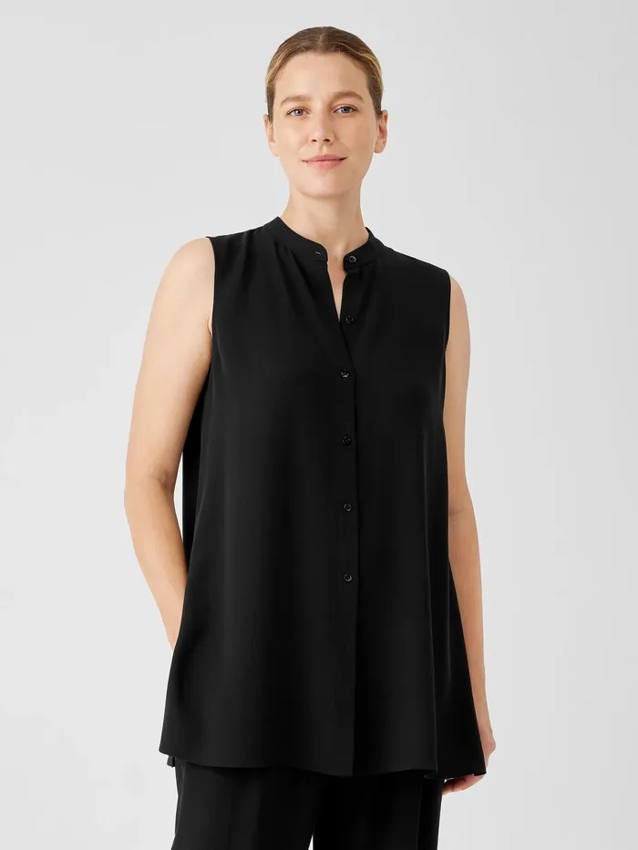 Silk Georgette Crepe Sleeveless Shirt Black Women Eileen Fisher Tops and Tees
