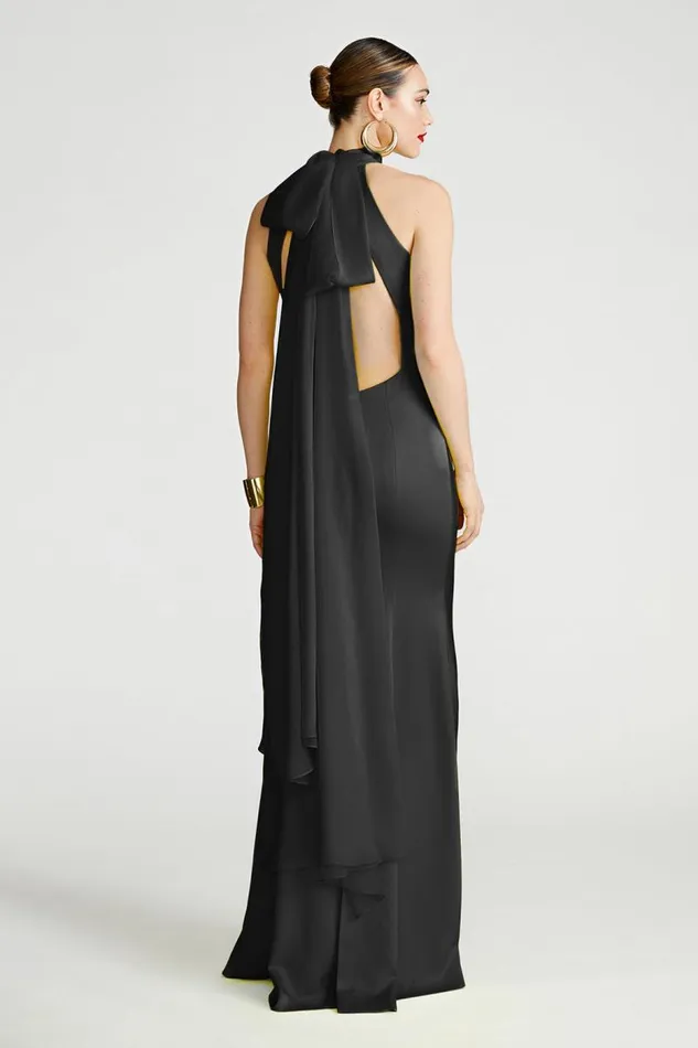 Speranza Gown In Satin Black Women Halston Dresses