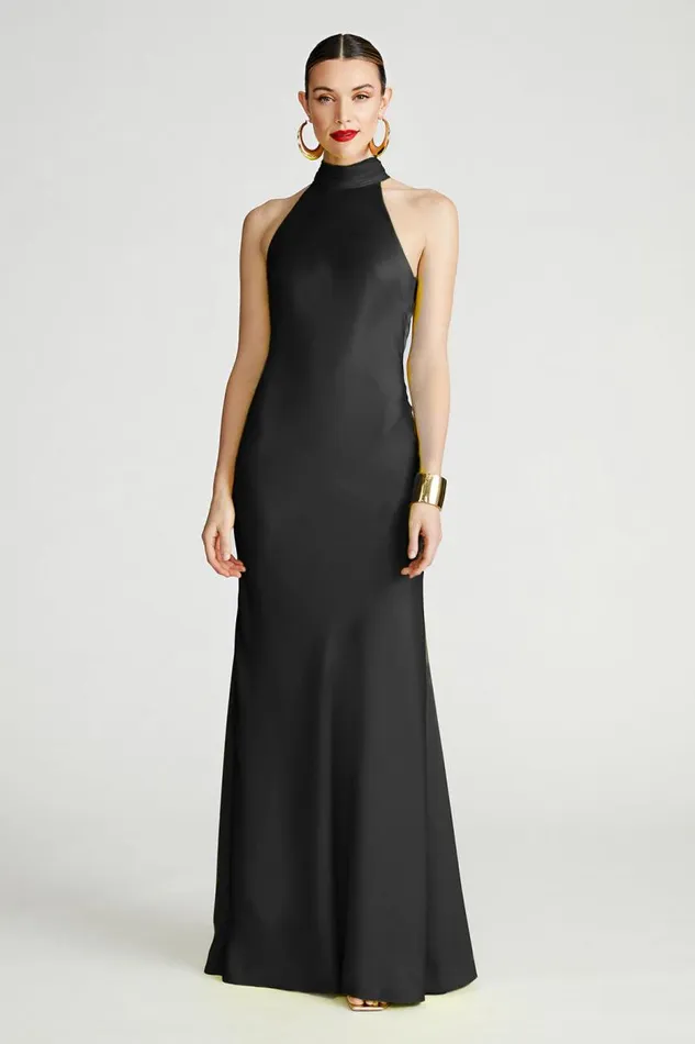 Speranza Gown In Satin Black Women Halston Dresses