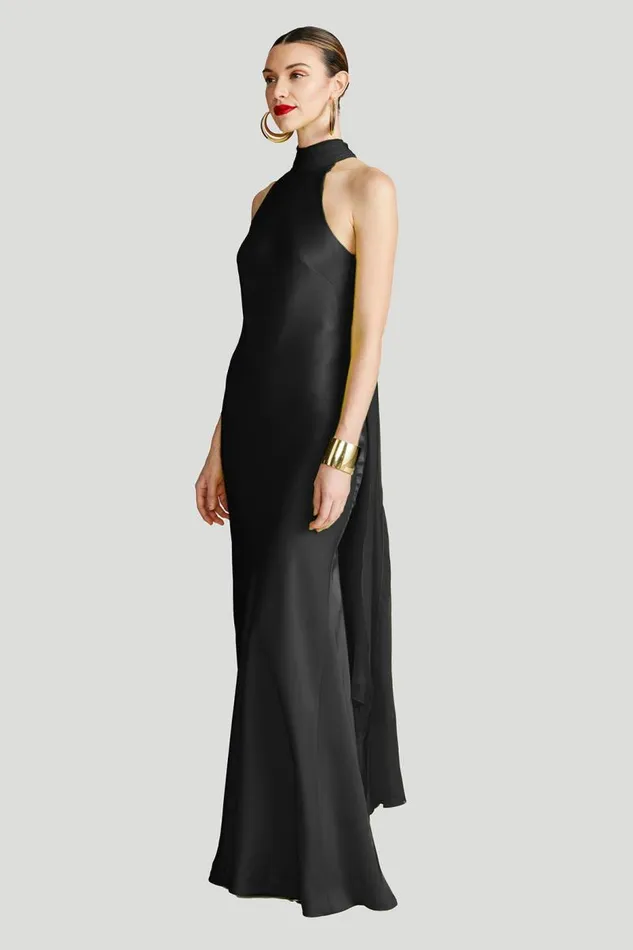 Speranza Gown In Satin Black Women Halston Dresses