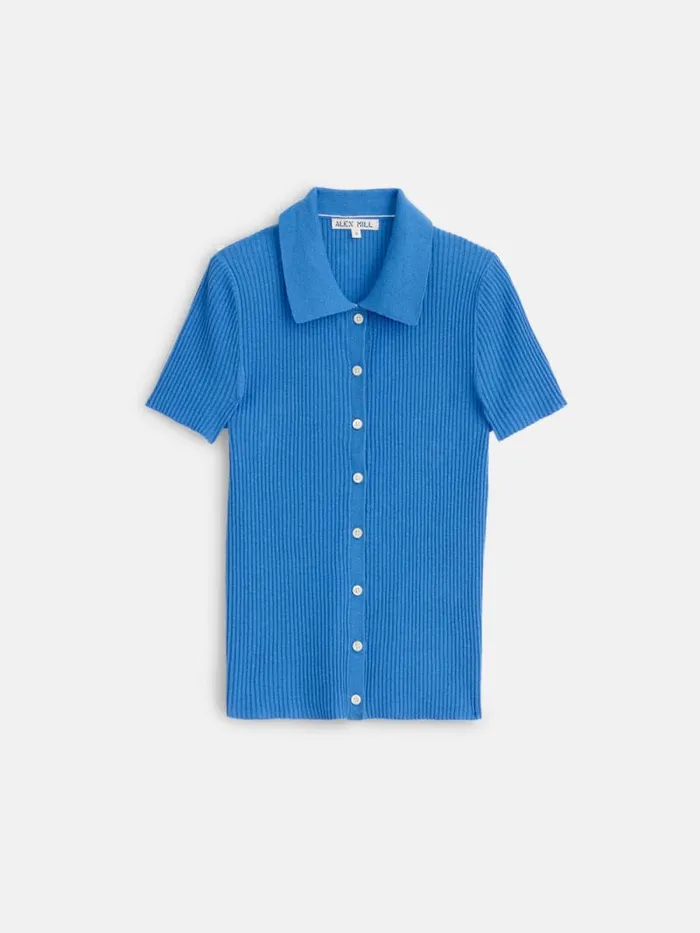 Suzanne Ribbed Polo Cosmic Blue Women Alex Mill Shirts Tops