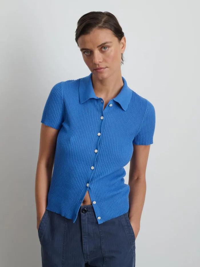 Suzanne Ribbed Polo Cosmic Blue Women Alex Mill Shirts Tops Suzanne Ribbed Polo Cosmic Blue Women Alex Mill Shirts Tops