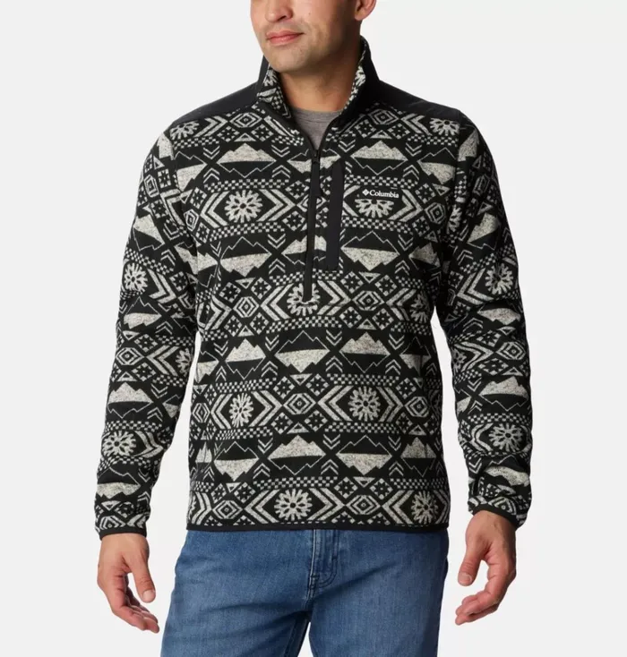 Sweater Weather II Printed Fleece Half Zip Pullover Black Checkered Peaks Tonal Print Mens Columbia Sportswear Pullovers and Tops Sweater Weather II Printed Fleece Half Zip Pullover Black Checkered Peaks Tonal Print Mens Columbia Sportswear Pullovers and Tops
