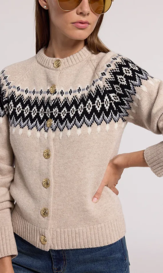 Sweaters and Sweatshirts Women Generation Love Clothing Frances Fair Isle Cardigan Heather Oatmeal