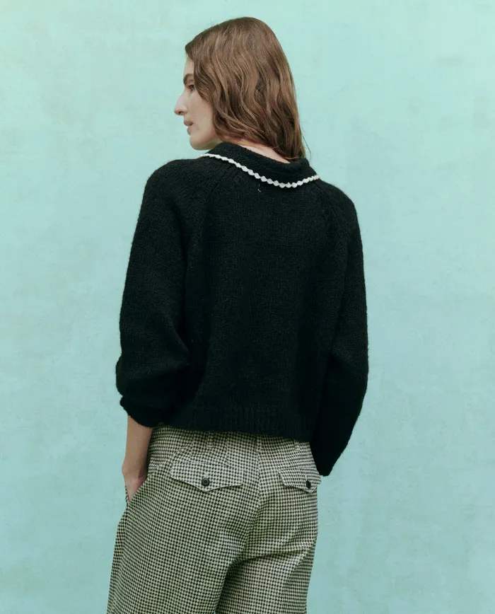 Sweaters Women The Crochet Collar Pullover Black with Soft White The Great Sweaters Women The Crochet Collar Pullover Black with Soft White The Great