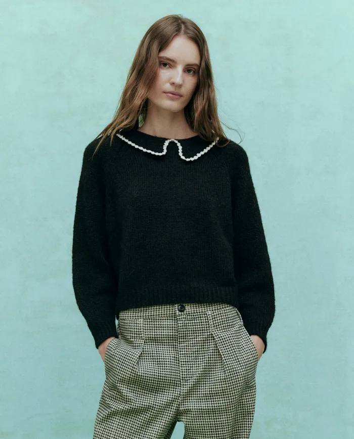 Sweaters Women The Crochet Collar Pullover Black with Soft White The Great Sweaters Women The Crochet Collar Pullover Black with Soft White The Great