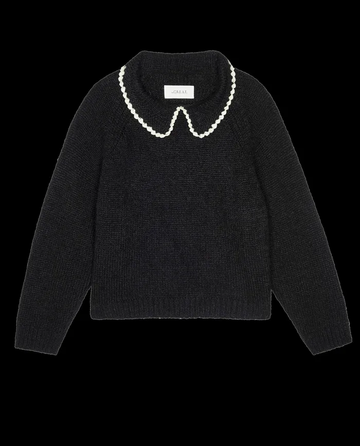 Sweaters Women The Crochet Collar Pullover Black with Soft White The Great Sweaters Women The Crochet Collar Pullover Black with Soft White The Great