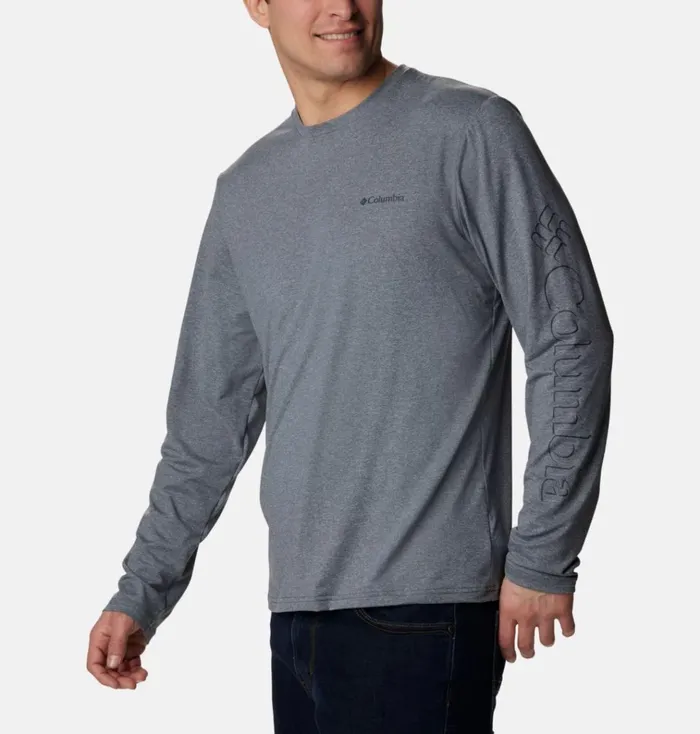 Tech Trail Long Sleeve Graphic Shirt City Grey Heather Branded Shadow Sleeve Mens Columbia Sportswear Long Sleeve