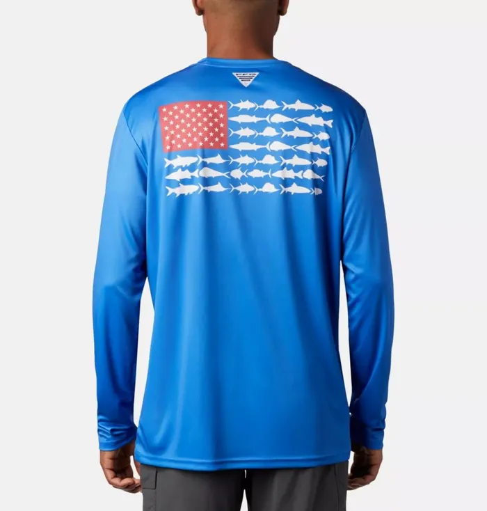 Terminal Tackle PFG Fish Flag Long Sleeve Shirt Vivid Blue White Mens Columbia Sportswear Long Sleeve Terminal Tackle PFG Fish Flag Long Sleeve Shirt Vivid Blue White Mens Columbia Sportswear Long Sleeve