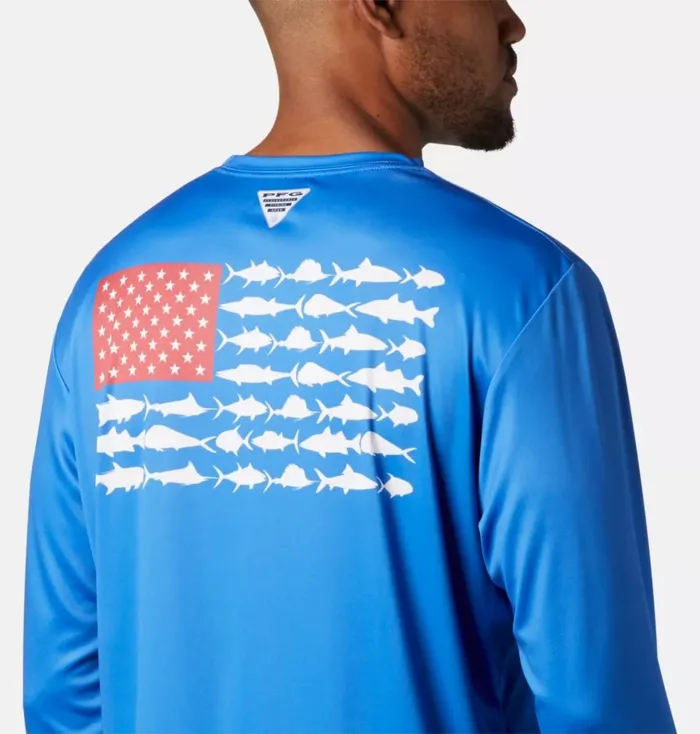 Terminal Tackle PFG Fish Flag Long Sleeve Shirt Vivid Blue White Mens Columbia Sportswear Long Sleeve Terminal Tackle PFG Fish Flag Long Sleeve Shirt Vivid Blue White Mens Columbia Sportswear Long Sleeve