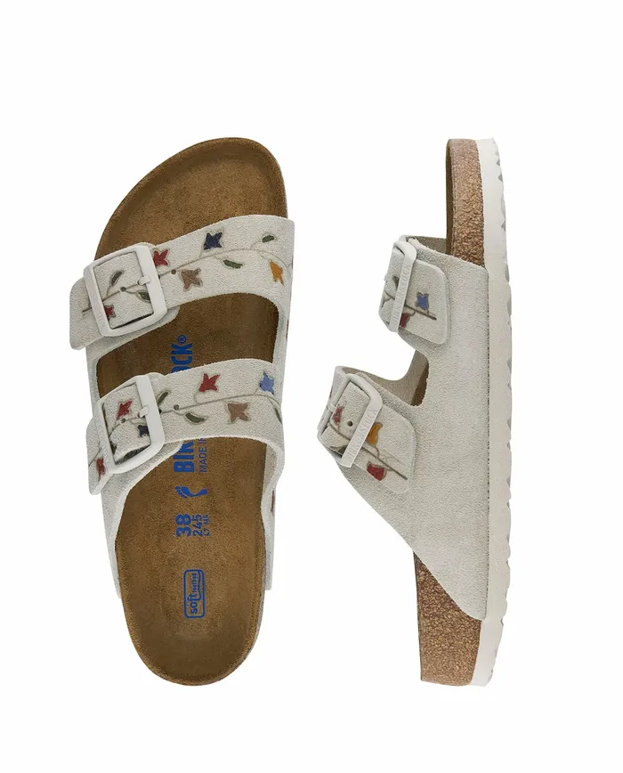 The Great Shoes Women The BIRKENSTOCK Arizona with Hand Painted Tooled Tulip Antique Whi