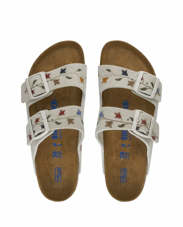 The Great Shoes Women The BIRKENSTOCK Arizona with Hand Painted Tooled Tulip Antique Whi