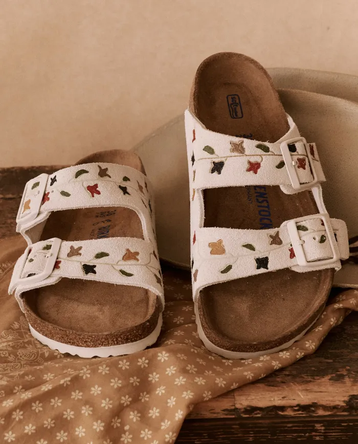 The Great Shoes Women The BIRKENSTOCK Arizona with Hand Painted Tooled Tulip Antique Whi