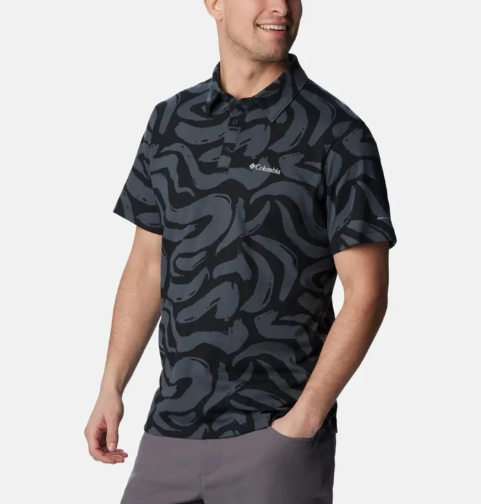 Thistletown Hills Polo Black Snowdrifts Print Mens Columbia Sportswear Short Sleeve Thistletown Hills Polo Black Snowdrifts Print Mens Columbia Sportswear Short Sleeve
