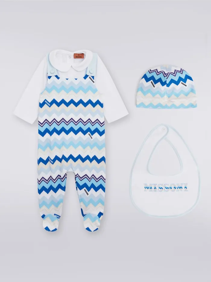 ThreePiece Set With Cotton Jumpsuit Bib And Docker Hat With Zigzag Pattern Multicoloured Kids Missoni Baby 024 Months ThreePiece Set With Cotton Jumpsuit Bib And Docker Hat With Zigzag Pattern Multicoloured Kids Missoni Baby 024 Months