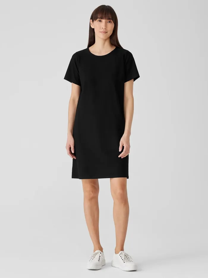 Washable Stretch Crepe Jewel Neck Dress Black Women Eileen Fisher Dresses and Skirts