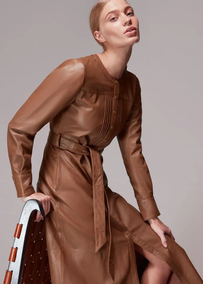 Whistles Leather Toffee Pintuck Leather Midi Dress 8211 Women